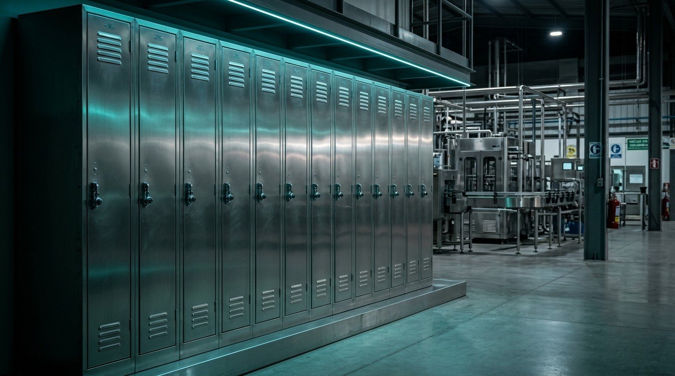 Lockers y casilleros en acero inoxidable 304 para vestuarios industriales y plantas de producción fabricados por Trazas Ingeniería en Pereira y el Eje Cafetero